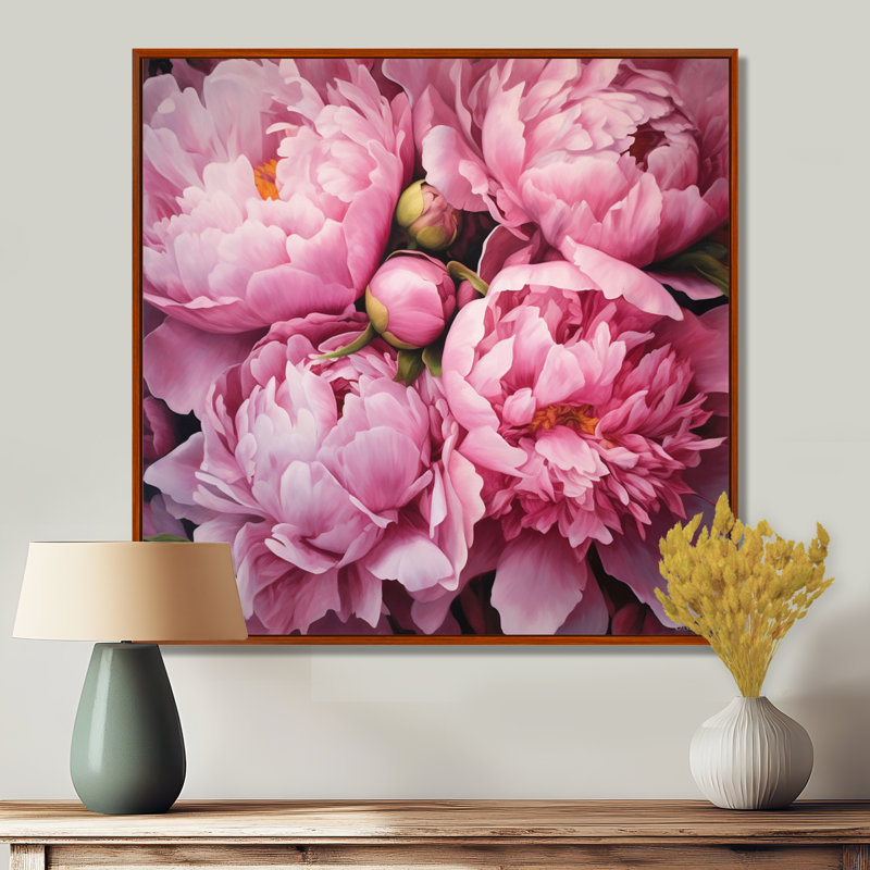 Pivoine rose verte captivante II - art floral sur toile, H 16 po x l 16 po x P 1 po, Cadre flottant brun