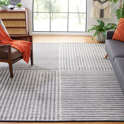Egremont Hand Woven Wool/Cotton Striped Rug in Ivory/Black