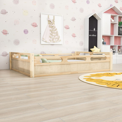 Floor Platform Bed with Surround Guardrails, Low Profile Wood Construction