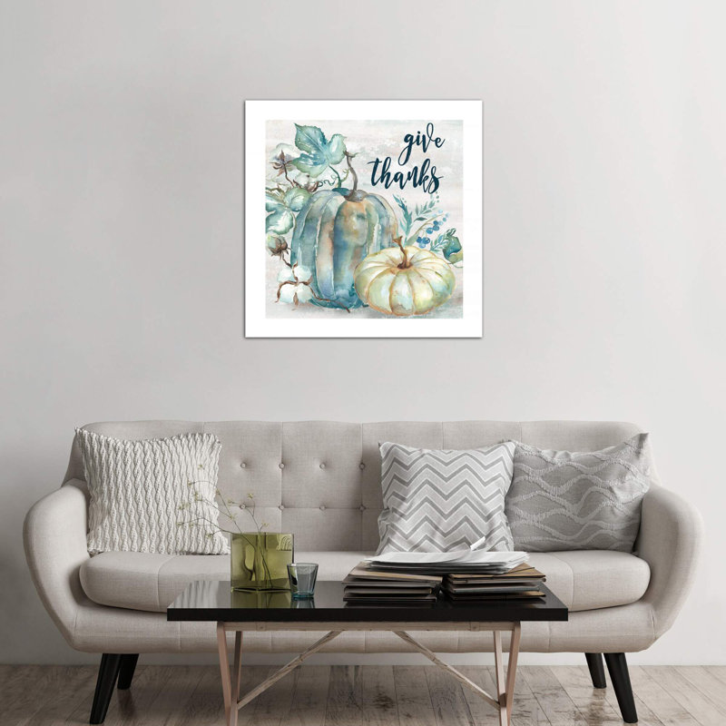 Blue Watercolor Harvest Pumpkin Give Thanks II - Wrapped Canvas Print, 45.72 cm H x 45.72 cm W x 1.91 cm D