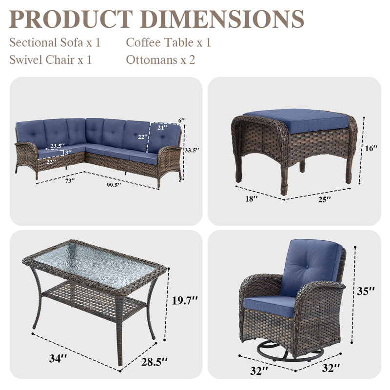 Ensemble de conversation modulaire d'extérieur en osier avec coussins 6 pièces Serita Trym, Bleu