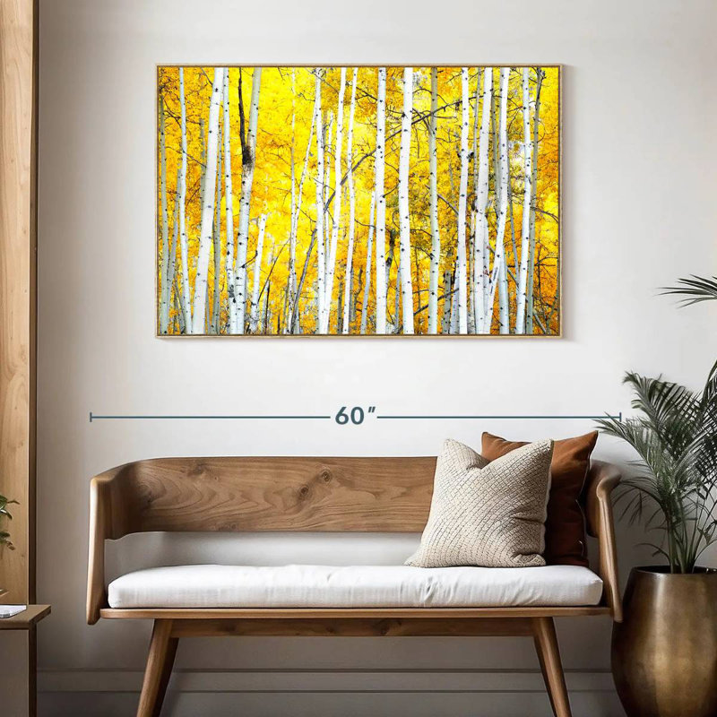 Golden Birch Trees, Floating Frame Natural Wood, 46" X 31"