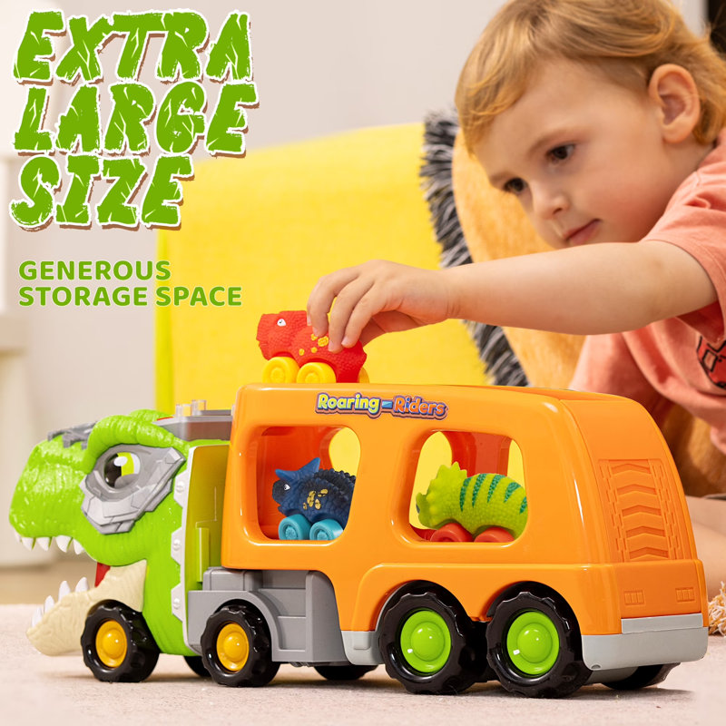 Jouets de camion de dinosaure avec musique et lumières pour les enfants de 2 à 4 ans, jouets de camion de transport avec 6 véhicules en caoutchouc, cadeaux d'anniversaire de Noël pour tout-petit garçon 2 3 4 5 6