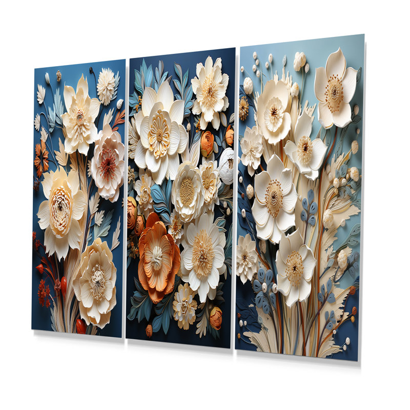 Jardin zen beige et bleu - Ensemble de 3 impressions métalliques de plantes, H 32 po x l 48 po