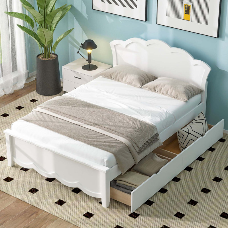 Lit plateforme double avec tiroirs de rangement pour la tête de lit, Lit double