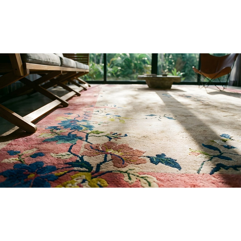 Antique Chinese - Art Deco Room Size Wool Beige, Rose Rug