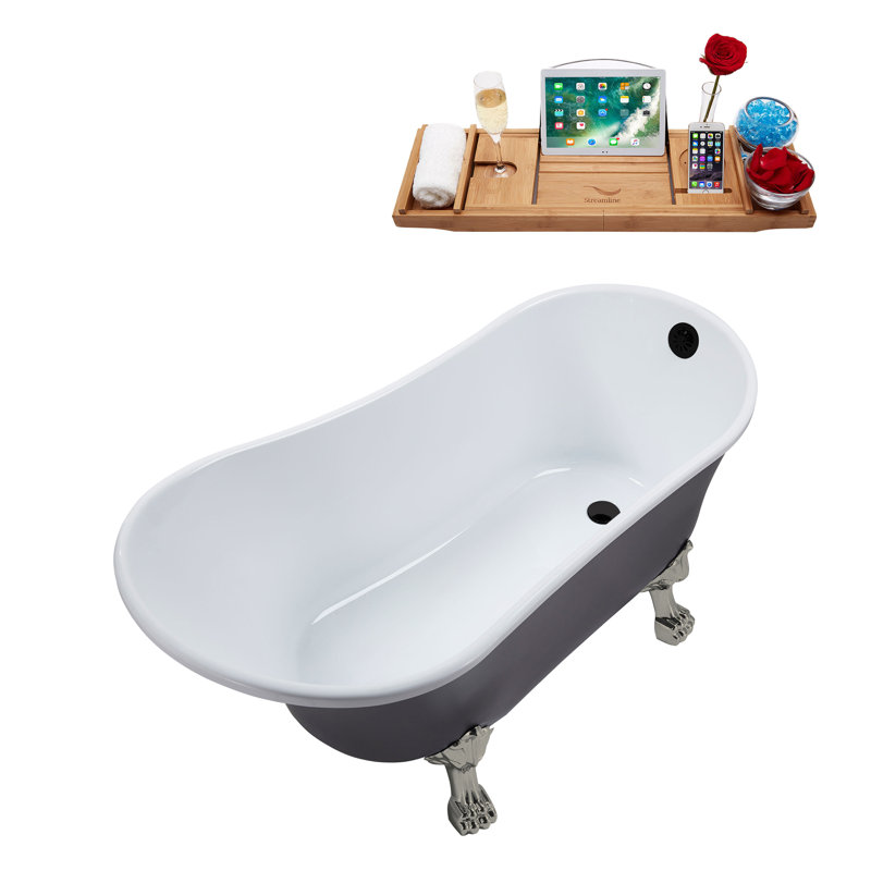 55" Streamline Clawfoot Soaking Acrylic Bathtub With Drain, Clawfeet, and Bamboo Tray, Matte Black, Brushed Nickel