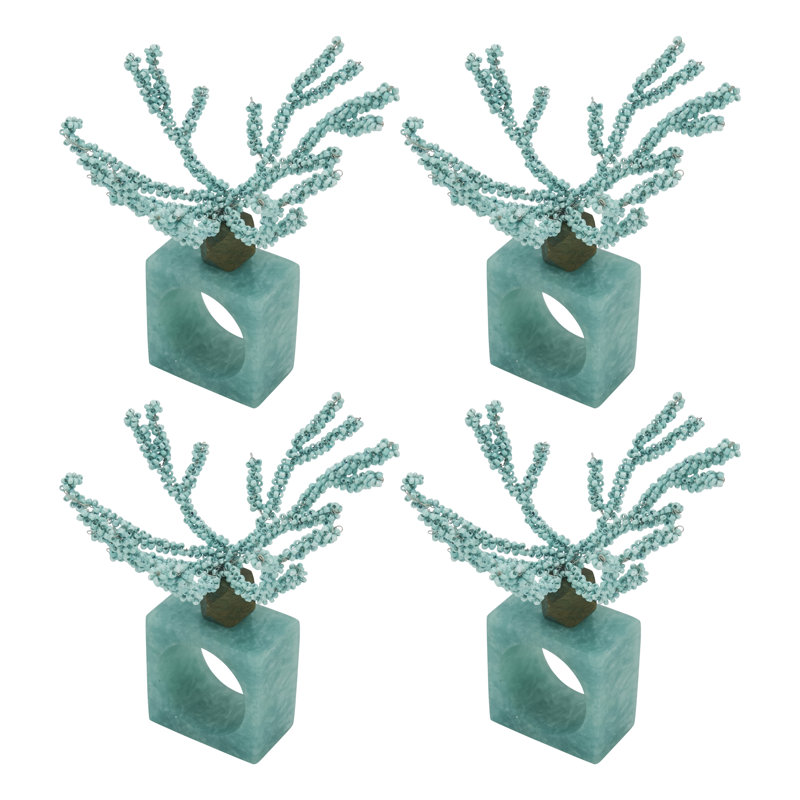 Aqua Beaded Coral Design Iron Napkin Rings, Set of 4
