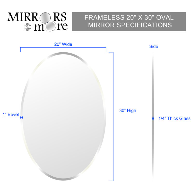 Frameless Beveled Oval Wall Mounted Vanity Accent Mirror for Bedroom, Bathroom,  Living Room, or Entryway, 30" x 20"