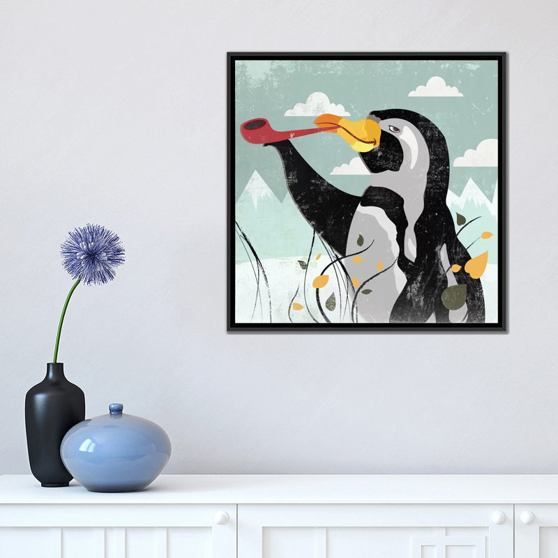 « pingouin à la toile », impression sur toile, H 18 po x l 18 po x P 1,5 po, Toile avec cadre noir, Pas de tapis