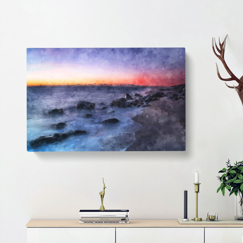 Ocean Reaching The Beach At Sunset - Wrapped Canvas Painting, 50cm H x 76cm W x 3cm D