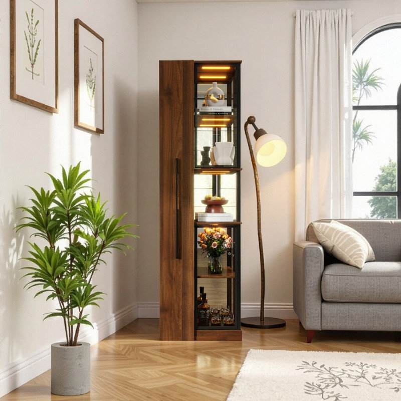 Vitrine de porte en verre 70 po avec tablettes coulissantes, éclairage DEL réglable et rangement à 5 niveaux