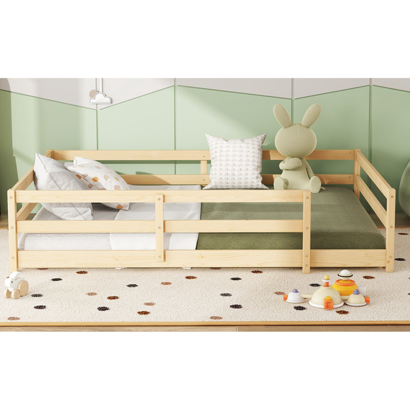 Lit pleine grandeur pour lit en bois de pin, garde-corps de clôture, chêne naturel, stable et confortable avec - Assemblage facile, multifonction, couleur chêne, L 77 po x l 58,1 po H 15,7 po