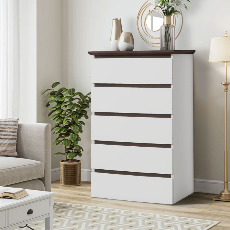 Commode de rangement 39,37 po H blanche avec 5 tiroirs pour le salon et l'entrée