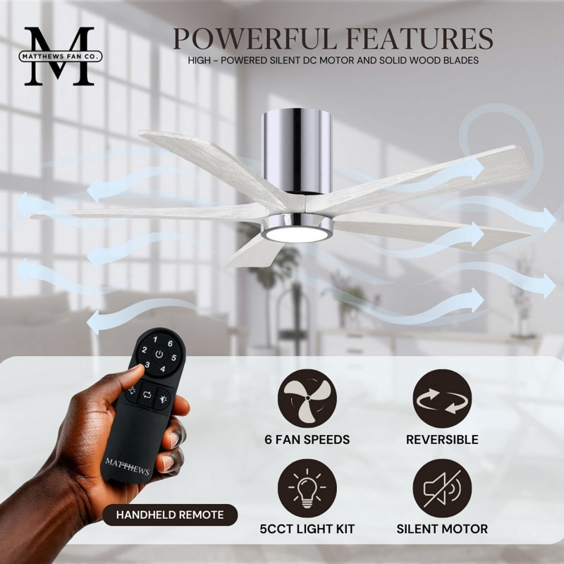 Irene Flushmount Light Kit 5 Blade LED Ceiling Fan, Polished Chrome, 42", Matte White