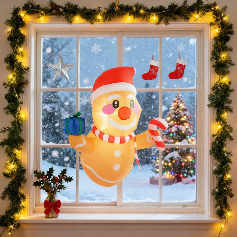 Holding Gift Box & Candy Cane LED Lights,Inflatable Hanging Gingerbread Man