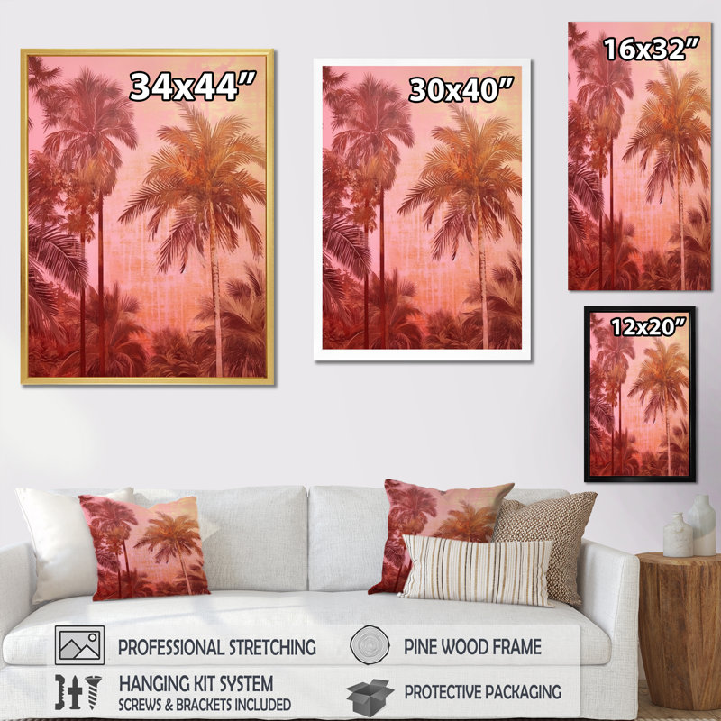 Art mural sur toile rétro avec palmiers roses et ombres III, Cadre doré simple, H 44 po x l 34 po x P 1,5 po
