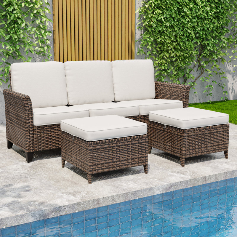 3-Piece Mix Brown Rattan Wicker Patio Outdoor Spacious Sofa Seating Group with Ottomans, Cushion, Beige