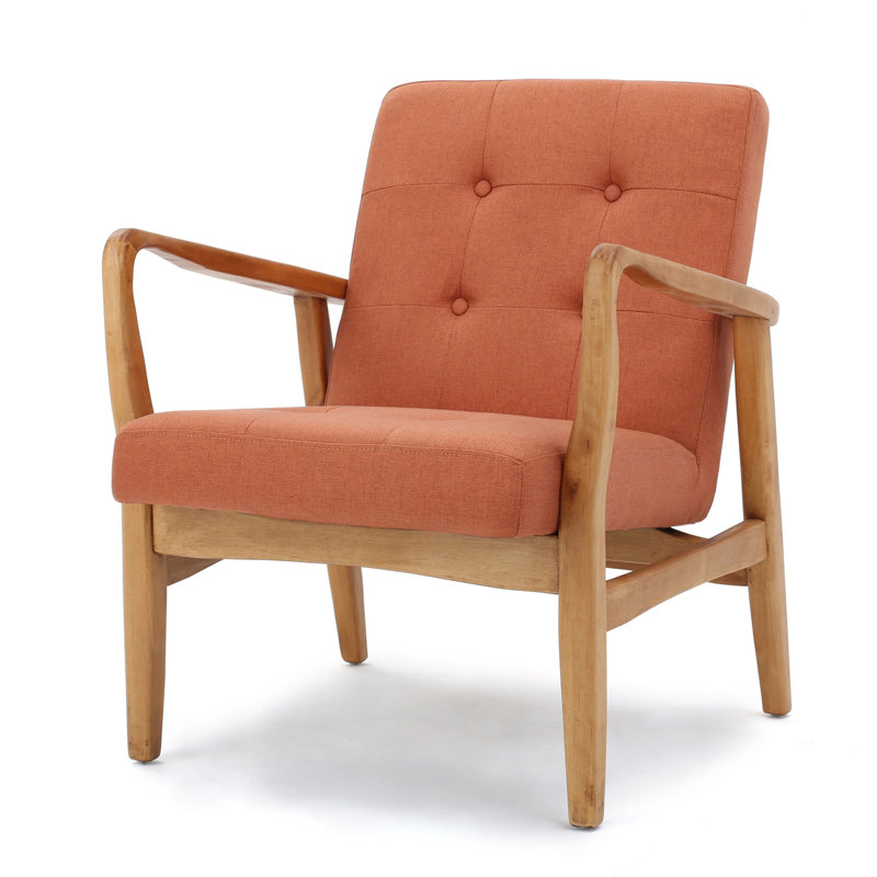 Babic 28.25" Wide Tufted Armchair, Brown Wood, Orange Fabric