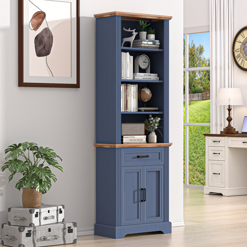 5 Tiers Farmhouse Bookcase 72" Tall Bookshelf With Doors And Storage Cabinet Farmhouse Book Shelf With Adjustable Shelf For Home Office,living Room, Antique White