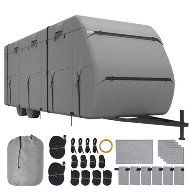Housse pour roulotte de voyage, housse pour véhicule récréatif de 18 à 20 pieds, housse de camping-car en tissu non tissé à 4 couches, housse pour camping-car de classe A imperméable, coupe-vent et Rip-Stop, avec sac de rangement, patchs de réparation, sangles et couvre-pneus