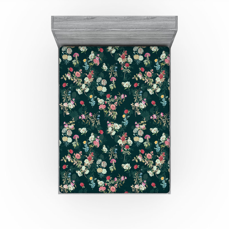 Drap-housse Ambesonne, Vert forêt, rose pâle / floral, Drap-housse de taille double