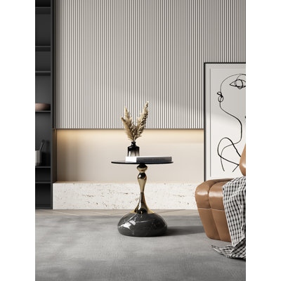 10mm Gray Tempered Glass Side Table with Marble-Finish Base & Nano-Coated Pole - Weighted Accent Table for Living Room, Bedroom, Balcony
