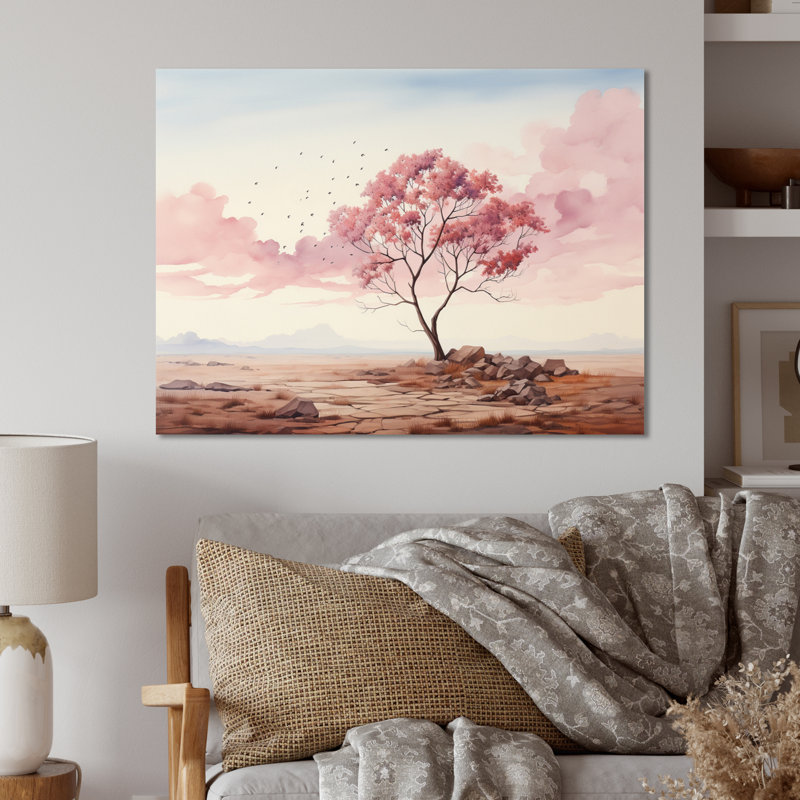 Art mural en métal «Minimalisme rose arbre solitude III», H 12 po x l 20 po x P 1 po