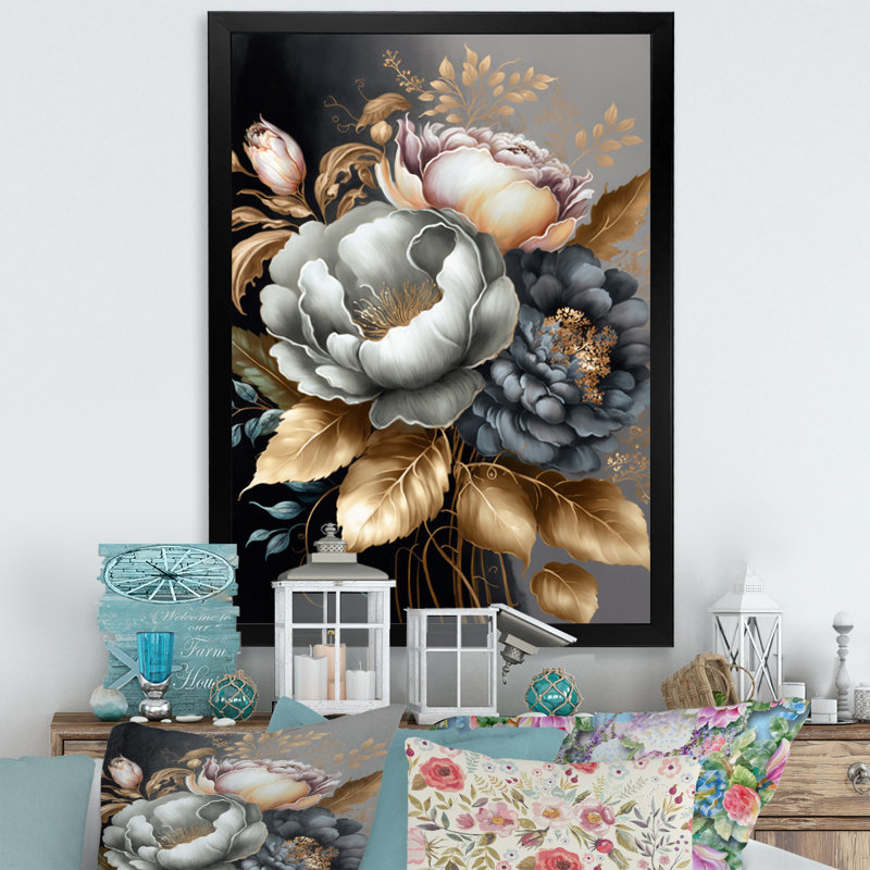 Bouquet de fleurs bleues V - Impression sur toile, Cadre photo noir, H 20 po x l 12 po x P 1 po