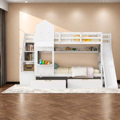 Space Saving Beds with Storage, Wood Twin Castle Bunk for Kids Room