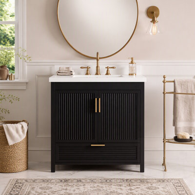 Meuble-lavabo sur pied avec lavabo, portes à fermeture amortie, tiroir à extension complète et panneaux ondulés au fini chêne.