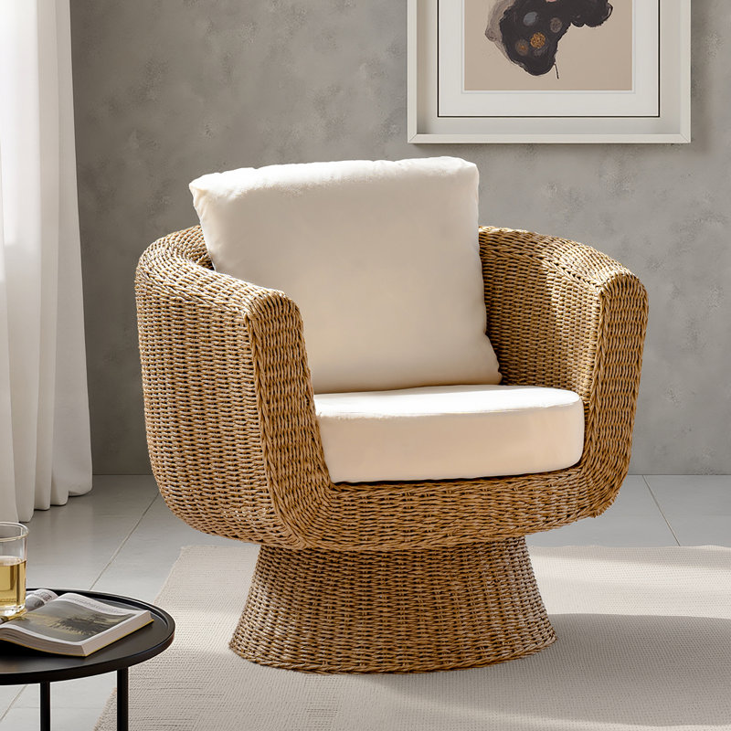 Anesty Maitea 36"W Coastal Rattan Swivel Barrel Chair with Removable Cushions