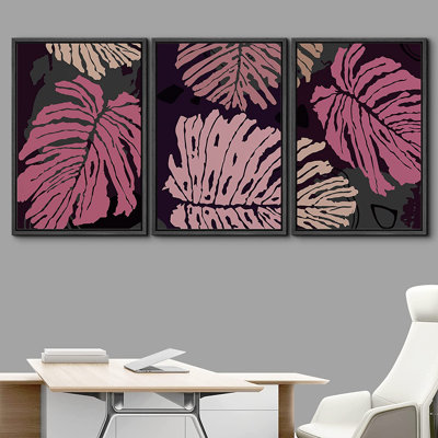 "Rose et brun clair", "Monstera" et feuille de palmier, plantes de la nature - 3 pièces, cadre flottant, impression sur toile