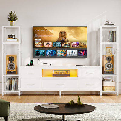 Modern Tv Console Table With Integrated Charging Station, Tv Stand With 5 Drawers And 7 Open Shelves, Media Console With Smart Led Light Strip.