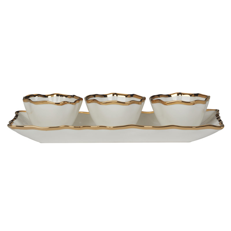 Regency Gold Ceramic Tray with Condiment Bowls, 4-Piece Set