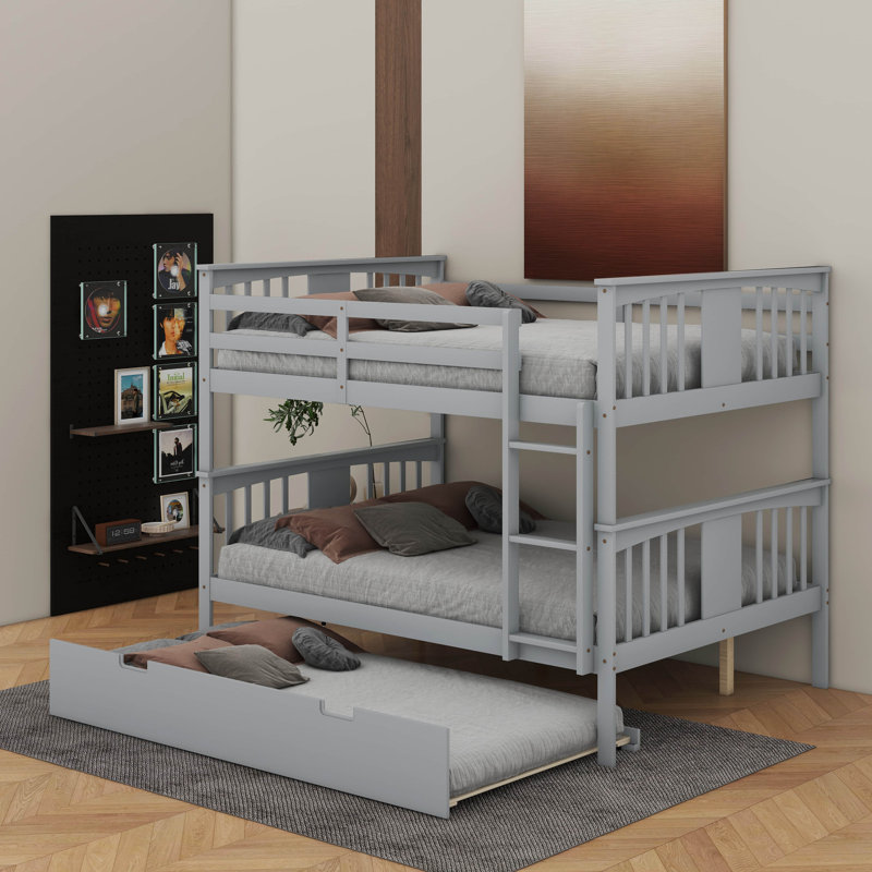 Full Over Full Bunk Bed With Twin Size Trundle And Ladder, Gray