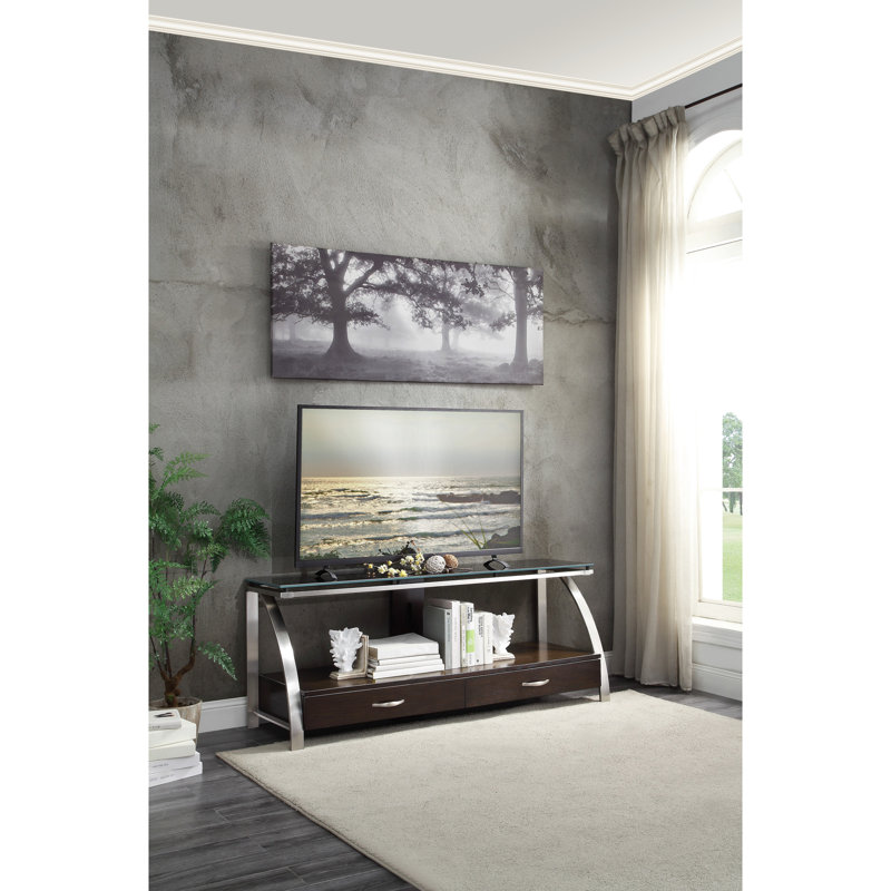 Meuble télé avec plateau en verre et placage de chêne pour décoration de salon