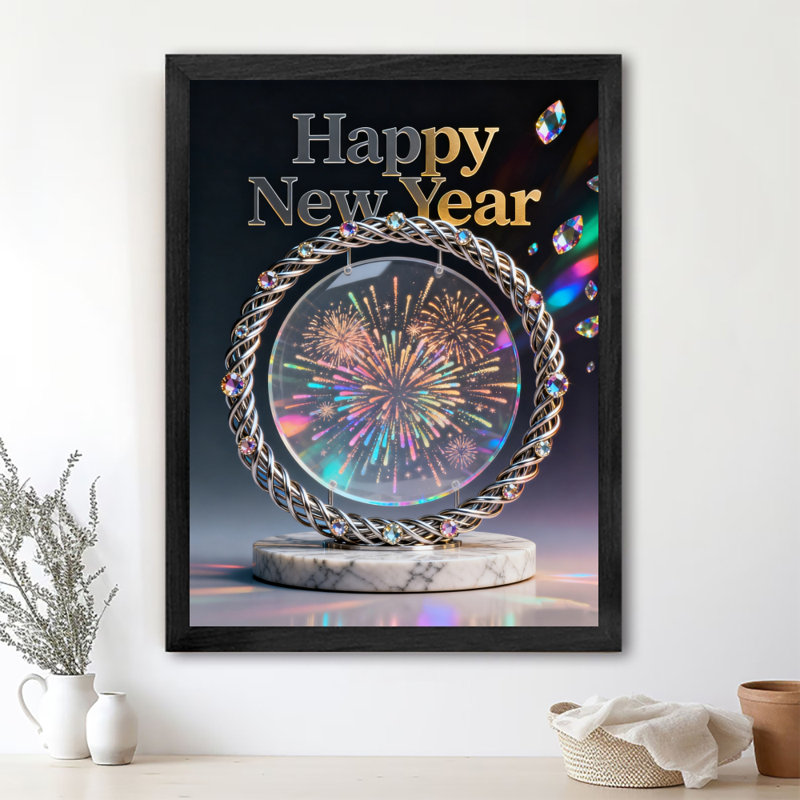 Reproduction d'art encadré noir rétro de bonne année, H 11 po x l 9 po
