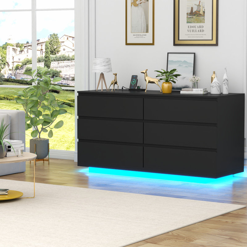 Isamary Floating 6 Drawer 47.36" W Double Dresser, Black