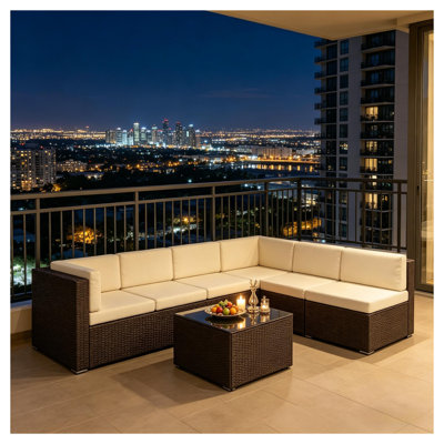 Ensemble de conversation de patio 7 pièces avec canapés modulaires en osier de rotin et table basse en verre trempé