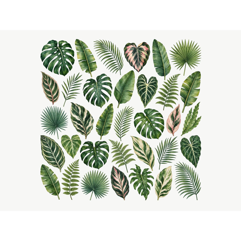 Tropical Leaf Wall Decals, Set of 34 Peel and Stick Nursery Wall Stickers, Satin Finish Removable Kids Room Wall Art, 20"W x 20"H (50 x 50 cm)