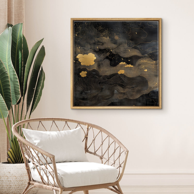 «Black Gold Flowing Cloud Line Abstract Wall Decor for Living Room encadrée, reproduction d'art sur toile encadrée dans la chambre principale