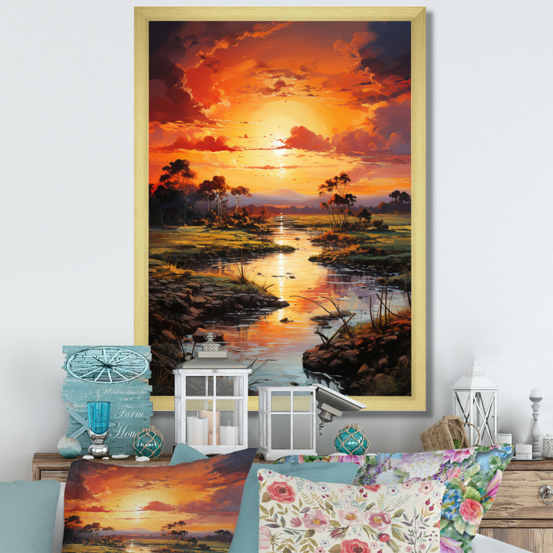 Vietnam River Delta Sunset III sur toile, H 32 po x l 24 po x P 1 po, Cadre photo doré simple