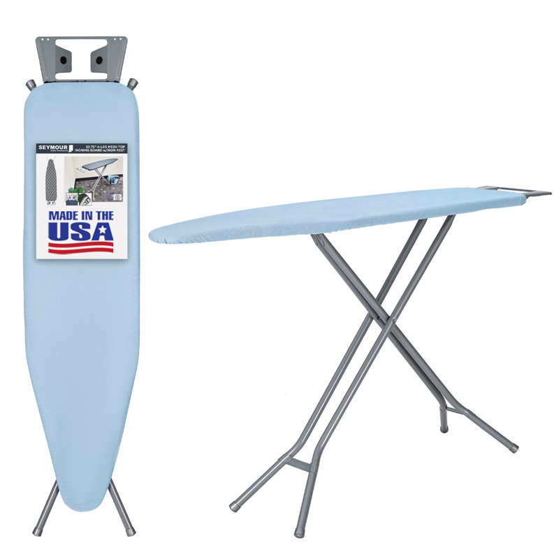 Seymour Home Products Adjustable Height 4 Leg Ironing Board with Mesh Top and Iron Rest, Light Blue