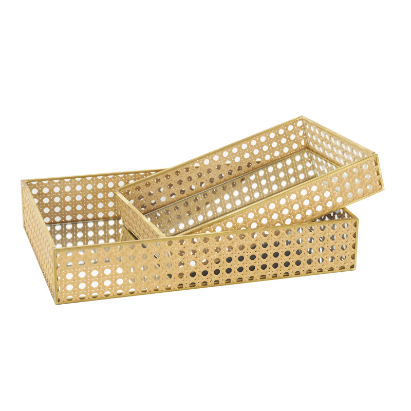 Borislavka Rattan Woven Decor Brown Tray with Mirrored Glass Interior Set
