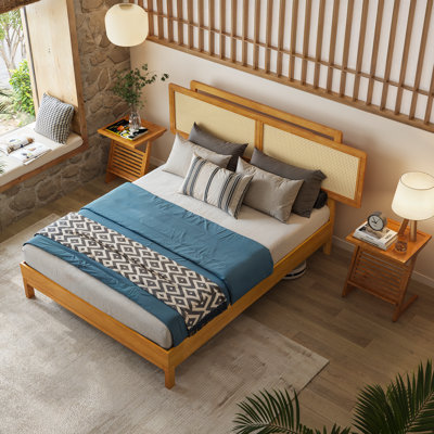 Neil Bed Frame with Rubber Wood and Rattan Headboard – Japanese Elegant Minimalist Design, Sturdy Construction, Easy Assembly – Queen, Teak Brown
