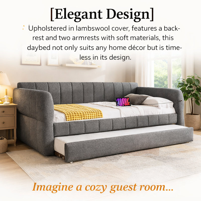 Queen Size Upholstered Platform Bed with Trundle Bed, Gray