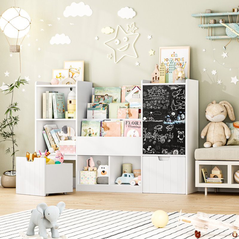 55.1'' Kids Storage Bookcase with 2 Removable Drawers, Toy Organizer with Chalkboard