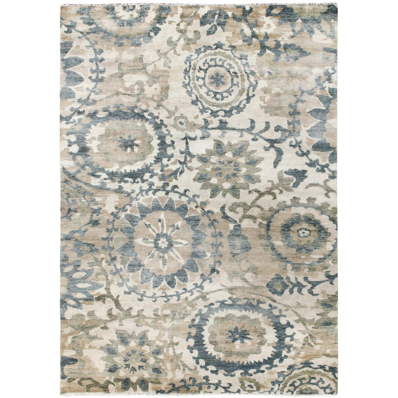 Hand Knotted Wool Area Rug in Ivory/Dark Blue, Rectangle 8' x 10'