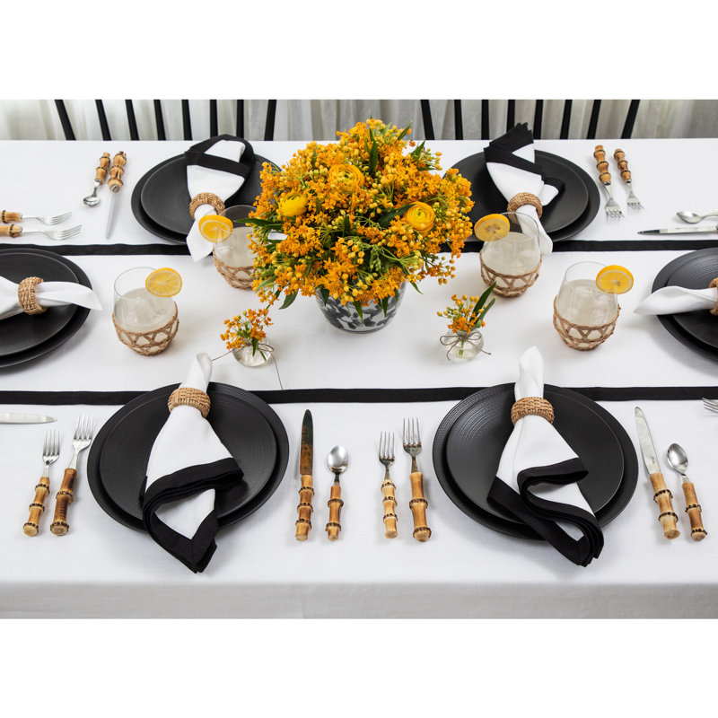 Classic - 100% Pure Linen Table Runner, Black/White